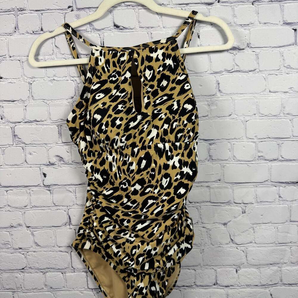 Ellen Tracy High Neck Keyhole Leopard Print One Piece Swimsuit Size 8 - Picture 2 of 7